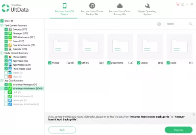 How to recover your iPhone data with UltData – iPhone Data Recovery : You can choose what you want to recover after the scan. Simply tick or untick the categories on the left before clicking the Recover button at the bottom right.