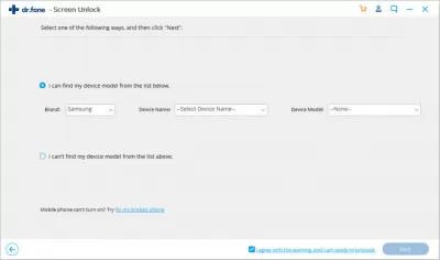 How to Bypass Samsung Lock Screen with Dr. Fone Screen Unlock : Selecting the Android device model