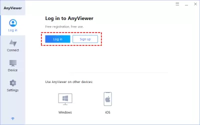An Easy Way to Remotely Access PC from PC or iPhone : Step 1. Install and launch AnyViewer on both computers. Go to Log in, and then click Sign up. (If you already have signed up on its official website, you can log in directly.)