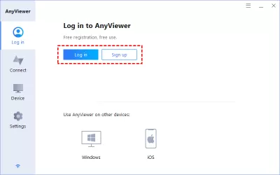 PCやiPhoneからPCにリモートアクセスする簡単な方法 : 手順1.両方のコンピュータでanyViewerをインストールして起動します。Go to Log in, and then click Sign up. (If you already have signed up on its official website, you can log in directly.)