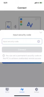 An Easy Way to Remotely Access PC from PC or iPhone : Step 2. On your iPhone, click Security code. Input the security code you’ve set before and then click Connect to achieve an unattended remote connection.
