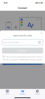 O modalitate ușoară de a accesa de la distanță PC de la PC sau iPhone : Pasul 2. Pe iPhone-ul dvs., click Security code. Input the security code you’ve set before and then click Connect to achieve an unattended remote connection.