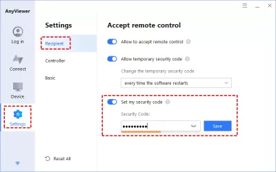 An Easy Way to Remotely Access PC from PC or iPhone : Step 1. On the Windows computer, go to Settings > Recipient. Tick the third option and then set the security code for unattended remote access in advance. 